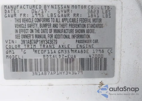 2017 Nissan Sentra Sv from USA, damaged, VIN 3N1AB7AP1HY343679